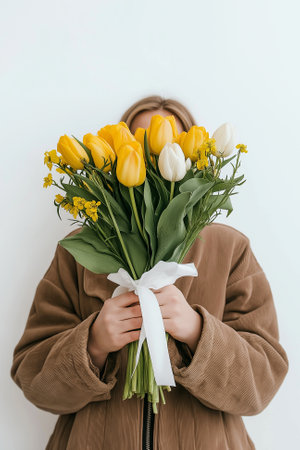 A person in a jacket holds a beautiful bouquet of bright yellow tulips and decorative greenery. The arrangement, tied with a white ribbon, conveys a cheerful and warm atmosphereの素材