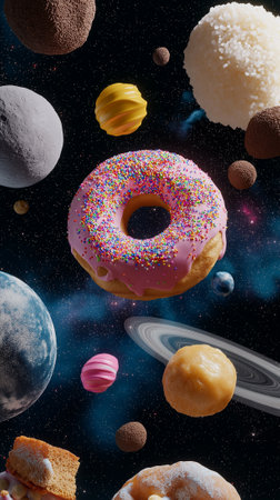Surreal space-inspired scene with floating doughnuts and confectionery planets. Sweet pastry space, bakery advertisement, donut art poster.の素材