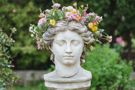 A detailed marble statue head embellished with an arrangement of colorful fresh flowers, set against a soft-focus background of lush greenery, creating a serene and artistic compositionの素材