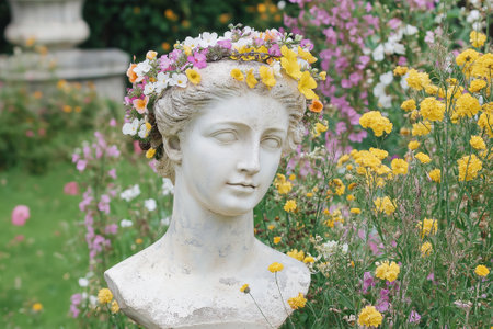 A detailed marble statue head embellished with an arrangement of colorful fresh flowers, set against a soft-focus background of lush greenery, creating a serene and artistic compositionの素材