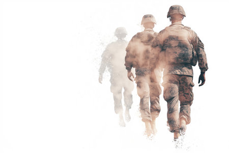 A creative military-themed artwork depicting a uniformed soldier in motion, using dynamic double-exposure techniques, symbolizing dedication, resilience, and vigilance in strikingly abstract tonesの素材