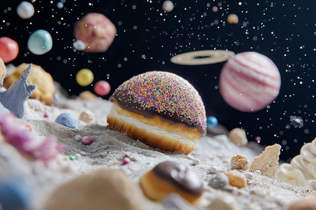 Surreal space-inspired scene with floating doughnuts and confectionery planets. Sweet pastry space, bakery advertisement, donut art poster.の素材