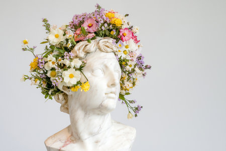 A detailed marble statue head embellished with an arrangement of colorful fresh flowers, set against a soft-focus background, creating a serene and artistic compositionの素材