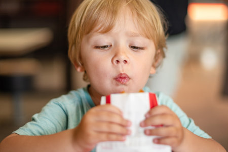 Young child enjoying fast food meal in a casual dining environment. Four year old boy happily eating...