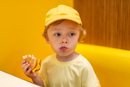 Young child wearing a yellow hat and shirt eats a cheeseburger in a vibrant restaurant, enjoying a fast food meal in a casual dining environment.の写真素材