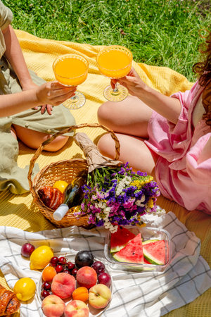 Two women seating on a picnic blanket, toasting with orange beverages in glasses. A basket featuring...