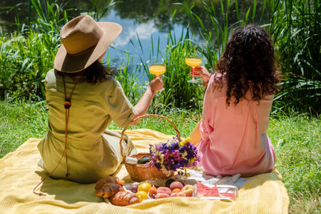Two women seating on a picnic blanket by a lakeside, toasting with orange beverages in glasses. A basket with flowers, baguette, and wine. Friendship, outdoor leisure, summer celebrations concept.の写真素材