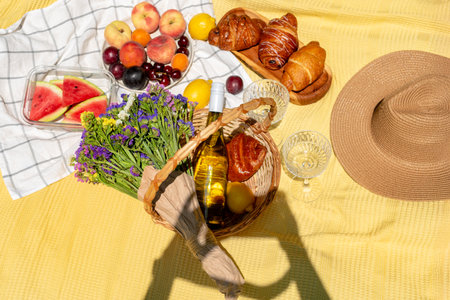 Summer picnic arrangement featuring fresh fruits, pastries, wine in a decorative basket, a straw hat...