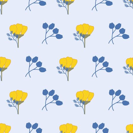 Seamless Repeat Pattern with Small Bouquets of Blue and Yellow Flowers on a Pale Blue Backgroundのイラスト素材