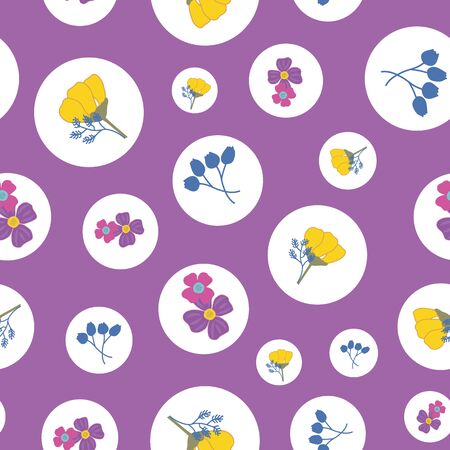 Seamless Repeat Pattern with Small Bouquets of Flowers in White Circles and with a Mauve Backgroundのイラスト素材