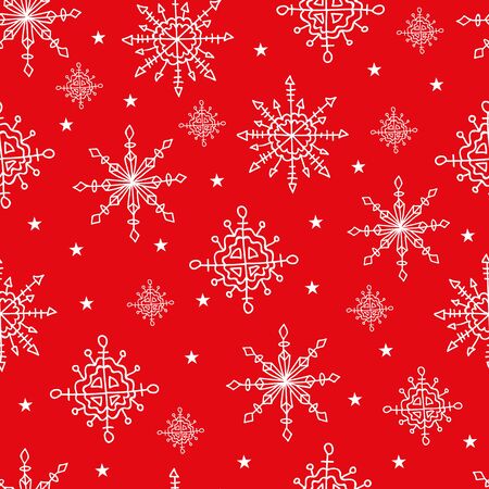 White Stars or Snowflakes on a Red Background with Snow Falling. Seamless Pattern Print Background.のイラスト素材