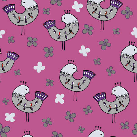 Vector fantasy whimsical birds on seamless pattern background.のイラスト素材