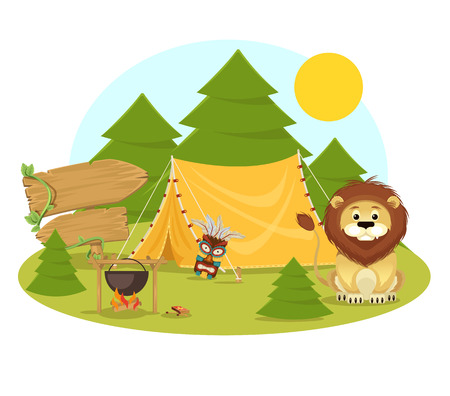 Stock vector flat camping in forest cartoon illustrationのイラスト素材