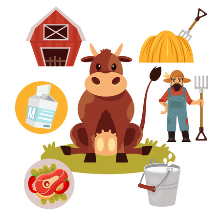 Stock vector farm cow flat illustration simple icon setのイラスト素材