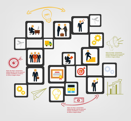 Stock business start infographics with humans and flat icons bannerのイラスト素材