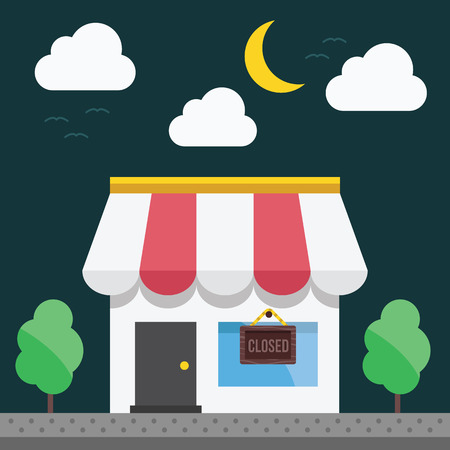 Shop building at night time. Vector illustration.のイラスト素材