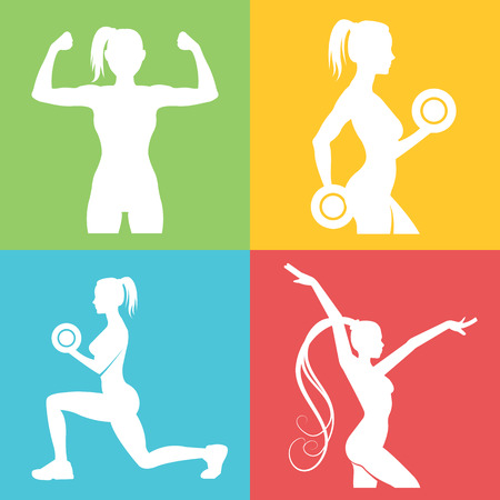 Set of fitness logo with woman silhouettesのイラスト素材