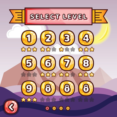 Level selection screen. Mystery canyon in night time level concept. Creative ui templates set for web mobile and computer video gamesのイラスト素材