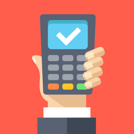 Hand holding pos terminal flat illustration concept. Successful transactionのイラスト素材