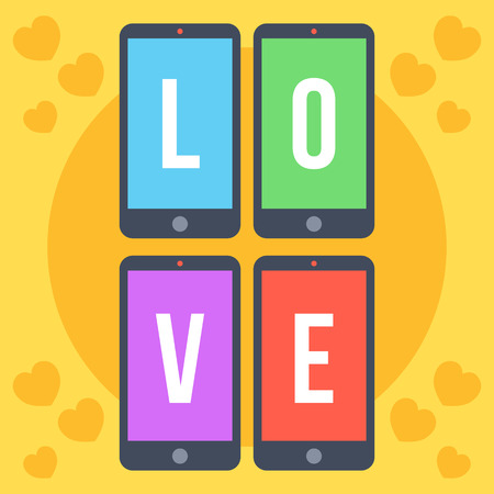 Smartphones with colorful screens and letters love flat illustrationのイラスト素材