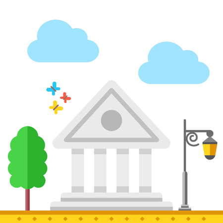 Bank building. Bank, clouds, street lantern, etc. Flat illustrationのイラスト素材