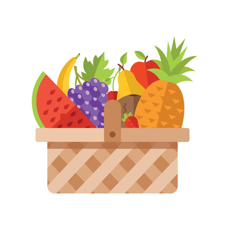 Wicker basket full of fruits. Modern flat design conceptsのイラスト素材