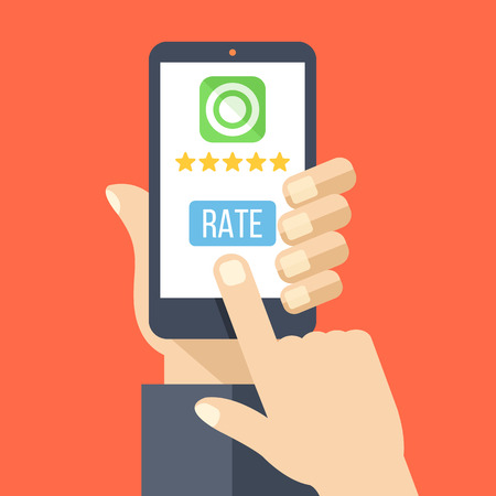 Rate our app flat concept. Hand holds smartphone with 5 stars and rate button on phone screen. Vector illustrationのイラスト素材