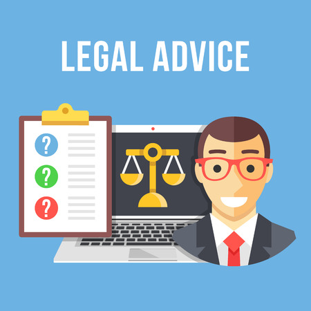 Legal advice. Lawyer, laptop with gold scale icon, clipboard with client questions. Creative flat design vector illustrationのイラスト素材