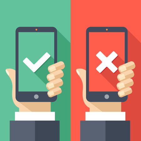 Hands holding smartphones with checkmarks set. White tick and cross check marks on green and red smartphones screens. Creative long shadow flat design. illustrationのイラスト素材