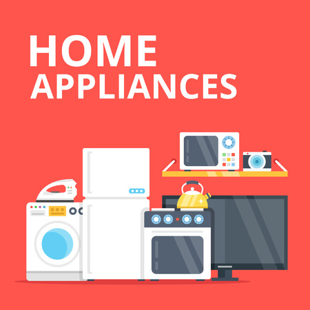 home appliances set. Washing machine, iron, fridge, stove, microwave, camera, tv icons set. Modern flat design illustrationのイラスト素材