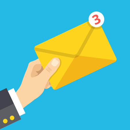 Hand holds envelope with notification. Email, letter, correspondence, new e-mail message, incoming messages concepts. Flat design vector illustrationのイラスト素材