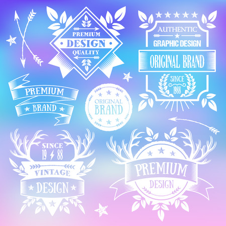 Vector vintage badges set. Premium quality white badges, labels and ribbons isolated on trendy gradient backgroundのイラスト素材