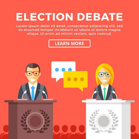 Election debate. Presidential candidates at rostrum, supporters behind. Modern concepts, creative graphic elements. Flat design vector illustrationのイラスト素材