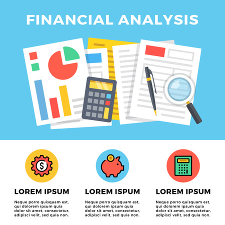 Financial analysis concept. Documents, files with charts, diagrams, forms, calculator, pen and magnifying glass. Modern website template, web banner and flat icons set. Flat design vector illustrationのイラスト素材