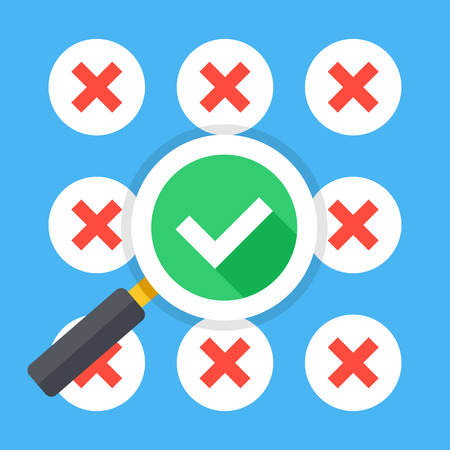 Many red crosses round check mark icons set and magnifying glass with tick icon. Make right choice, good decision, best solution concepts. Trendy long shadow flat design. Vector illustrationのイラスト素材
