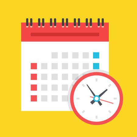 Vector calendar and clock icon. US version. Isolated on yellow background. Flat design illustrationのイラスト素材