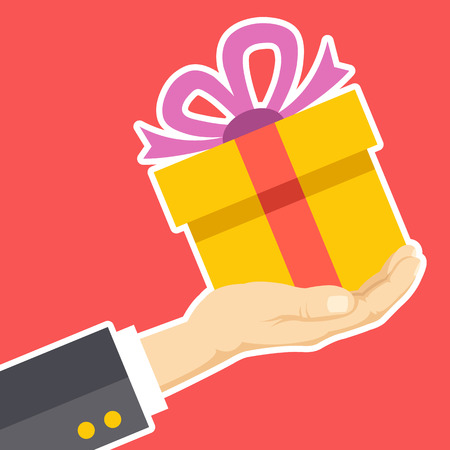 Hand holding gift box. Congratulations, receive or give giftbox, surprise, Christmas present concepts. White line flat design. Modern vector illustrationのイラスト素材