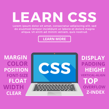 Laptop with CSS word on screen. Learn CSS, programming, web development, coding concepts. Modern graphic for web banners, web sites, printed materials, infographics. Flat design vector illustrationのイラスト素材