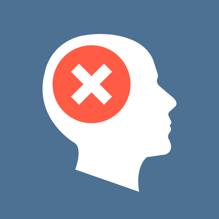 White human head silhouette and red checkmark icon. Cross in red circle. Abstract concept. Flat design vector illustrationのイラスト素材