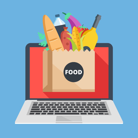 Laptop and paper bag with food. Buy groceries online, food delivery, internet shopping concepts. Creative flat design vector illustrationのイラスト素材