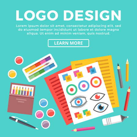 Logo design web banner. Paper sheets with logotypes sketches, pen and pencils, brush and paints and other drawing supplies. Creative process of logo creation concept. Modern vector flat illustrationのイラスト素材