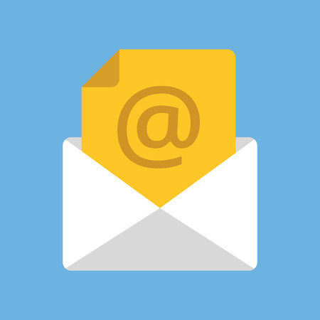 White envelope with yellow document with at sign. Email address, e-mail box, incoming message concepts. Modern flat design vector iconのイラスト素材