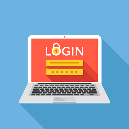 Laptop with login page on screen. Sign in, registration, authorization, enter login and password concepts. Modern graphic design. Flat design vector illustrationのイラスト素材