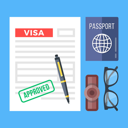 Approved visa application, passport, stamp, pen and glasses set. Flat design graphic elements, flat icons set. Top view. Vector illustrationのイラスト素材