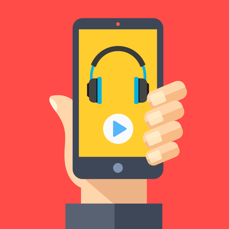 Headphones and play button on smartphone screen. Hand holding smartphone. Streaming service, music app, listening to music on mobile device. Modern flat design graphic elements. Vector illustrationのイラスト素材
