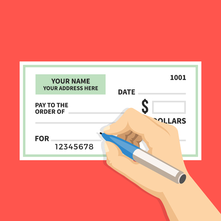 Man hand writing a check. Hand holding pen filling a cheque. Modern flat design graphic elements. Vector illustrationのイラスト素材