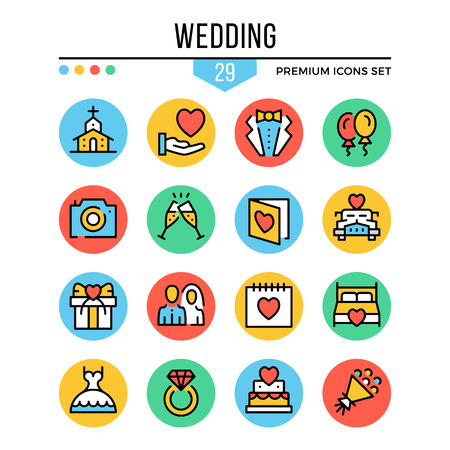 Ilustración de Wedding icons. Modern thin line icons set. Premium quality. Outline symbols, graphic elements, concepts, flat line icons. Creative vector illustration - Imagen libre de derechos