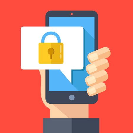 Hand holding smartphone with speech bubble and lock on screen. Padlock icon. Locked device, password, lock screen, mobile security concepts. Modern flat design vector illustrationのイラスト素材