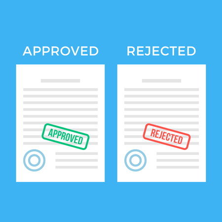 Documents with approved stamp and rejected stamp. White sheets of paper. Visa, recruiting, employment, job application, contract concepts. Modern flat design graphic elements set. Vector illustrationのイラスト素材