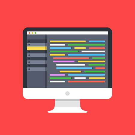 Code editor on computer screen. Desktop PC with code editor software GUI. Coding, programming, web development concepts. Modern flat design vector illustrationのイラスト素材
